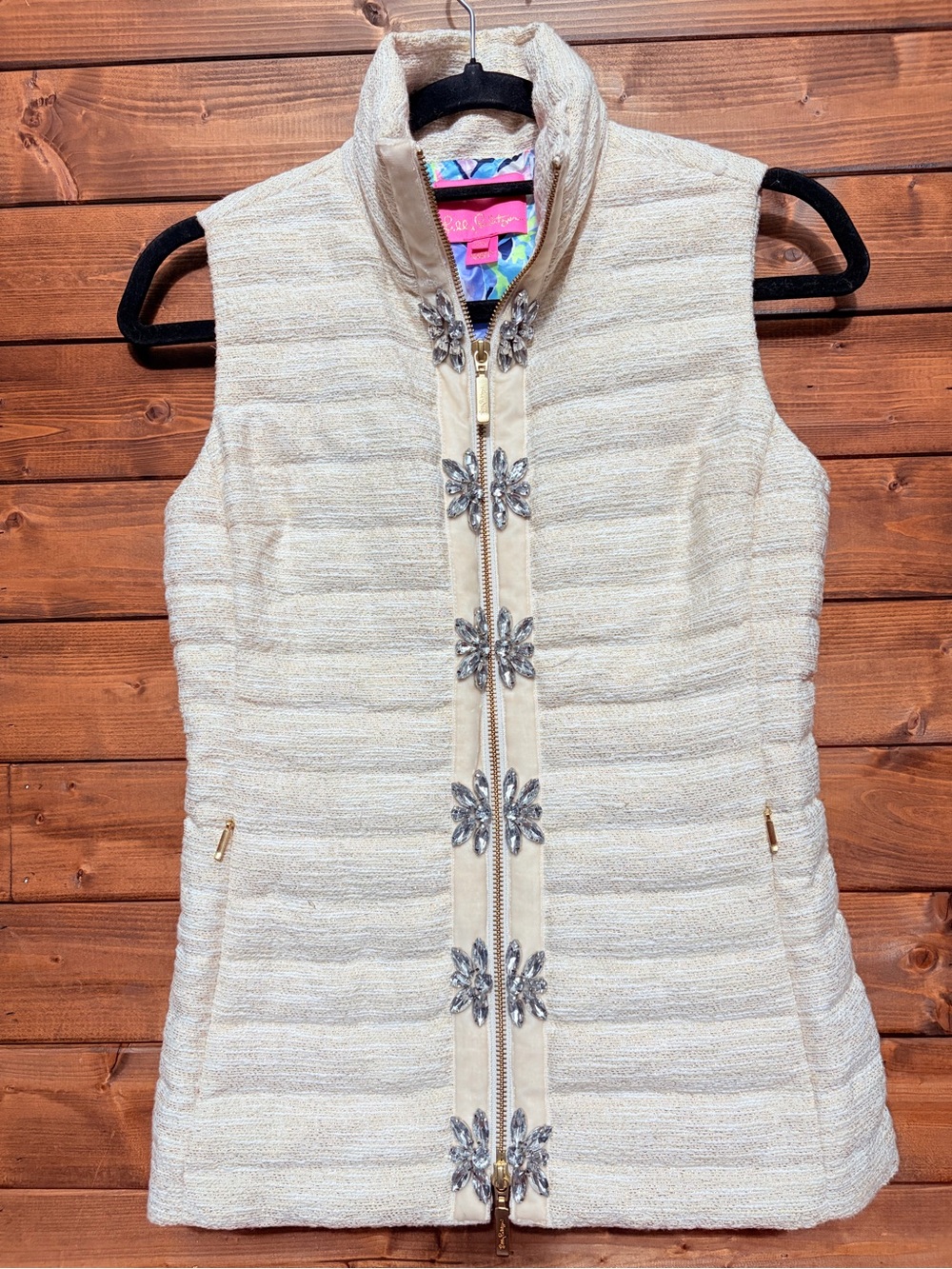 Lilly Pulitzer Noella Puffer Vest Embellished Metallic Colorful Liner